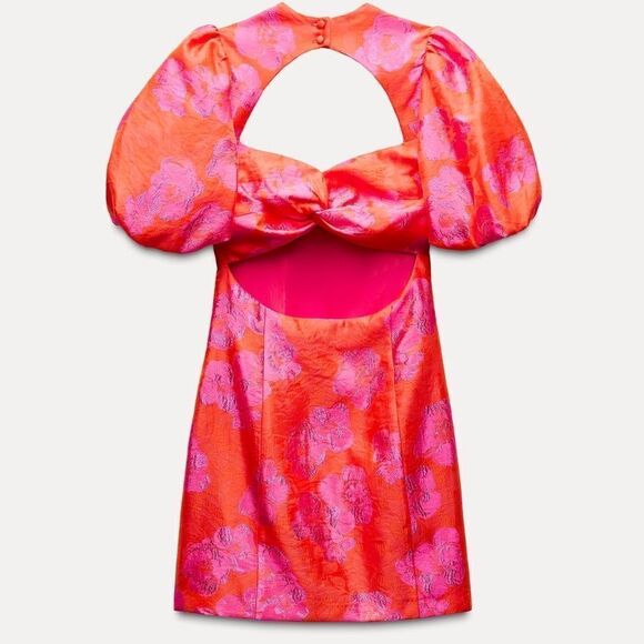 NWT ZARA PUFF SLEEVE JACQUARDβMINI DRESS Fuchsia | 8072/54 - Picture 14 of 16